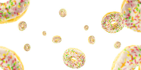 Delicious pastry breakfast. Flying cookie. Round sweet doughnuts in motion flying on white background