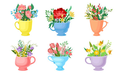 Bunch of Flowers Standing in Different Vases and Pots Vector Set