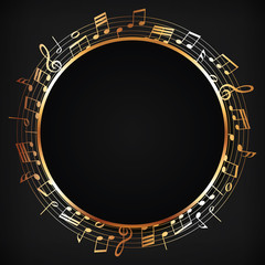 golden round frame with music notes on dark background