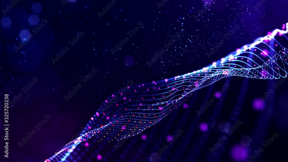 Poster 4k looped science fiction particle background with bokeh and light effects. glow blue particles form