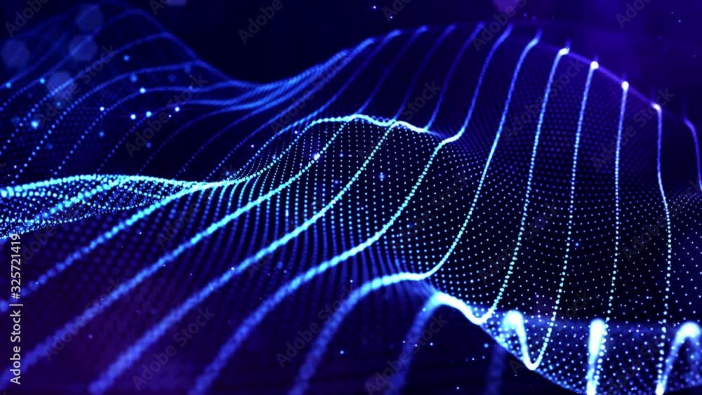 Poster 4k looped science fiction particle background with bokeh and light effects. glow blue particles form