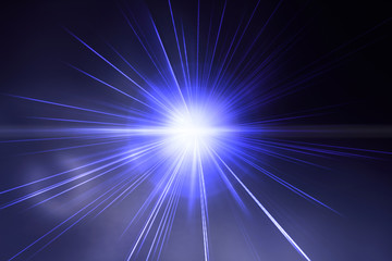 Flash light, lens flares, sun beams effect over dark blue background. Abstract backdrop