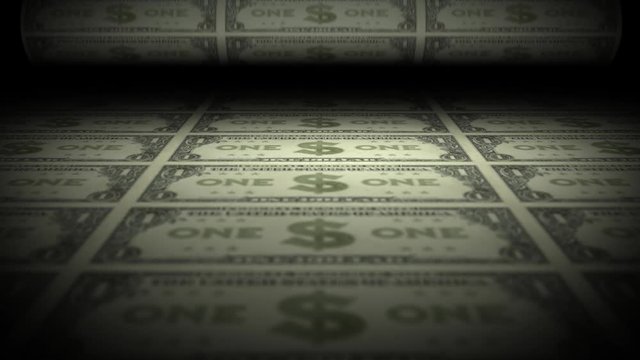 Quantitative Easing With Dollar Bills Print Animation/ 4k animation of a business quantitative easing background with fake dollar bill papers industrially printed and scrolling by the federal reserve,