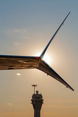 View of control tower at sunset