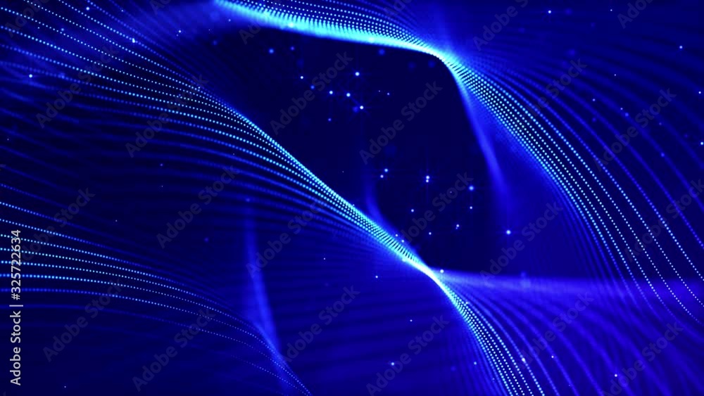 Poster 4k looped science fiction particle background with bokeh and light effects. glow blue particles form