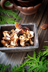 Dried mushrooms wild cep and boletus on a wooden brown table, vertical image