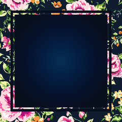 Frame with copy space with Flower pattern in background for advertising of shop and store. Floral design with pink flowers and green leaves on dark background. Blank template for ads. vector image