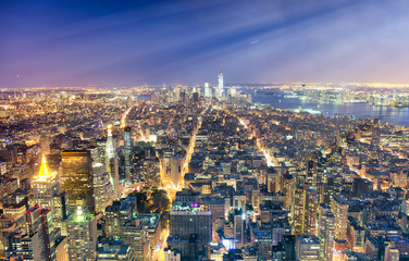 Fototapeta na wymiar New York City, USA. Night aerial view of Midtown and Downtown Manhattan skyscrapers from a high viewpoint