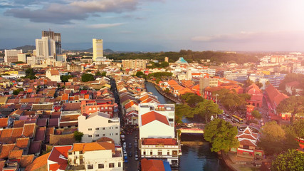 Malacca aerial view at sunset. Sky colors over Melaka city skyscrapers