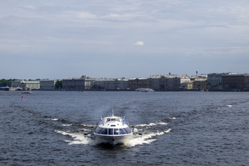 Ship floating on the Neva River in the city of St. Petersburg