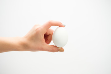 Fototapeta na wymiar Hand holds a white egg on a white background