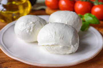 Cheese collection, white italian mozzarella cheese balls for salad or for appetizer snacks from deli shop in New York, USA