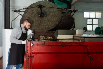 Man controlling crushing of olives