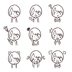 若い女性の表情のイラストセット