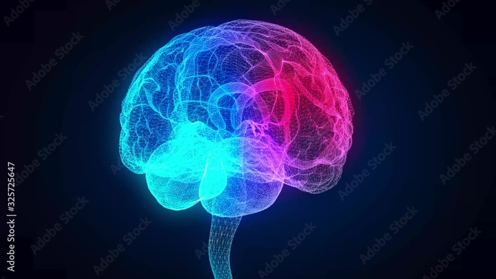 Poster rotating human brain. glowing blue light line of human brain model. seamless looping motion animated