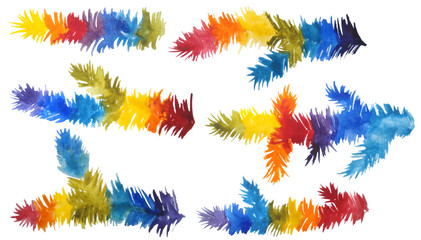 Obraz premium illustration set of watercolor hand drawn rainbow christmas fir tree branches of red orange yellow green blue purple color lgbtq gay pride flag colorful for holiday party celebration design winter