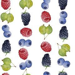 seamless watercolor hand drawn pattern with red raspberry blueberry bilberry blackberry gooseberry berries organic intense bright vibrant colors healthy fresh tasty food vegan vegatarian vitamin