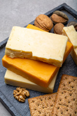 Cheese collection, matured and orange original British cheddar cheese in blocks served with crackers