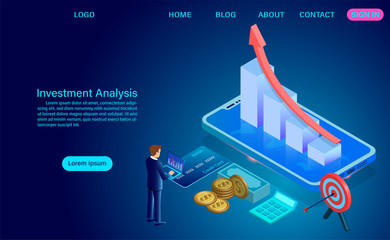 Investment analysis concept. analysis of sales, statistic grow data, accounting infographic with characters. flat isometric vector illustration