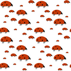 Seamless pattern with ladybugs family on white background. Flat vector illustration.