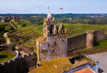Panoramic view from drone of the castle Montemor o Novo. The Alcaides palace ruins. Evora district....