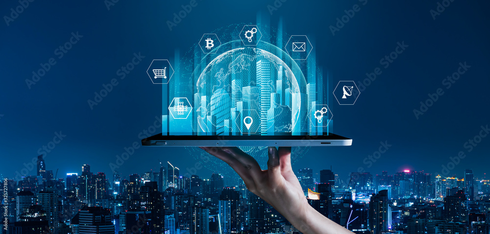 Poster 5g and smart technology in modern city communication with graphic interface icon showing concept of 