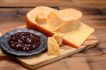 Cheese collection, Dutch old cheese from Terschellinger polder on Wadden islands, Friesland, Netherlands and apple chutney