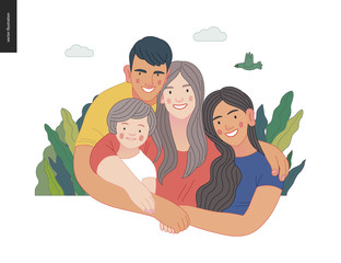 Happy international family with kids -family health and wellness -modern flat vector concept digital illustration of a happy family of parents and children, family medical insurance plan