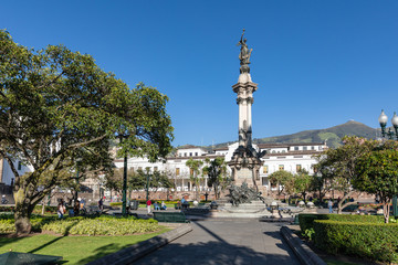 Fototapeta na wymiar QUITO, ECUADOR - FEBRUARY 07, 2020: Plaza Grande and Metropolitan Cathedral, historic colonial downtown of Quito, Ecuador. South America.