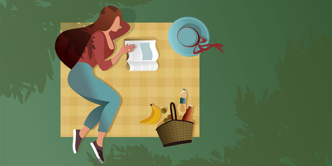 Young girl reading a magazine on a picnic blanket. Top view. Summer city park scene. Flat graphic vector illustration.