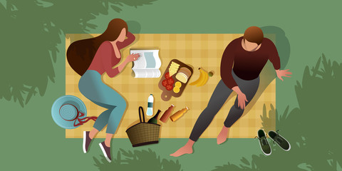 A young couple is sitting on a picnic blanket. Top view. Summer city park scene. Flat graphic vector illustration.