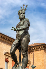 Closeup of the bronze statue of Neptune (1566), Roman God, fountain in Piazza del Nettuno, Bologna, Emilia-Romagna, Italy, Europe. Artist Giambologna (1529-1608)