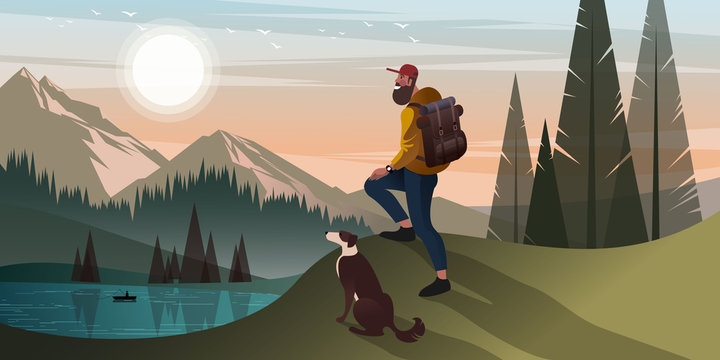Young bearded man is hiking in the mountains with a dog. Flat graphic vector illustration.
