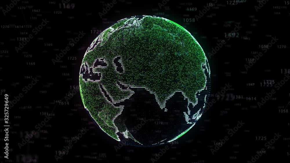 Poster digital data globe rotating on dark background. futuristic technology concept. 4k uhd video.