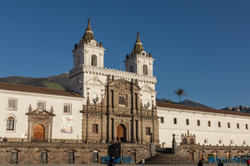 Fototapeta na wymiar QUITO, ECUADOR - FEBRUARY 07, 2020: Plaza Grande and Metropolitan Cathedral, historic colonial downtown of Quito, Ecuador. South America.