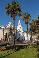 Naklejka premium QUITO, ECUADOR - FEBRUARY 07, 2020: Plaza Grande and Metropolitan Cathedral, historic colonial downtown of Quito, Ecuador. South America.