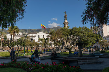 QUITO, ECUADOR - FEBRUARY 07, 2020: Plaza Grande and Metropolitan Cathedral, historic colonial downtown of Quito, Ecuador. South America.