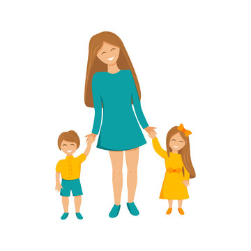 Vector flat illustration of mother with children. Funny mummy with son and daughter holding hands and smiling. Family spending good time together. Concept design of cartoon cute characters isolated 