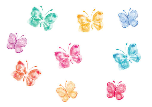 蝶 ちょうちょ 蝶々 ベクター 昆虫 生き物 虫 春 かわいい きれい きれいな カラフル 飛んでいる たくさん 集合 パステルカラー 水彩 水彩風 手描き風 イラスト 赤 黄色 紫 白バック 白背景 手描き 手書き 筆書き 筆描き カット 挿絵 素材