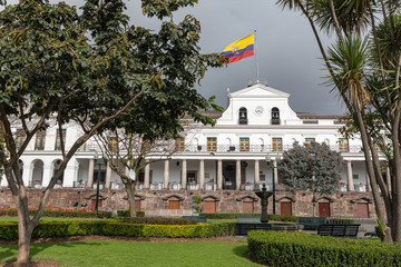 QUITO, ECUADOR - FEBRUARY 07, 2020: Plaza Grande and Metropolitan Cathedral, historic colonial...