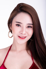 Portrait of beautiful thai woman isolated in white background. Happy smile.