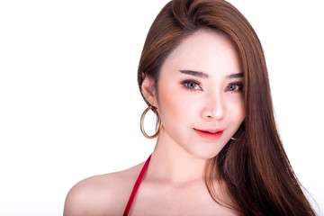 Portrait of beautiful thai woman isolated in white background. Smile with copy space.