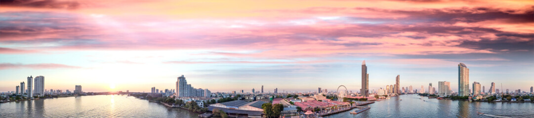 Bangkok, Thailand. Aerial view of cityscape and Chao Phraya River ar sunset