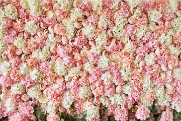Summer blossoming delicate roses and hydrangeas on flowers festive background, pastel and soft...