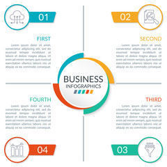4 steps or parts infographic design with circles and space for text. Business presentation, information brochure, banner, workflow layout template. Vector illustration.