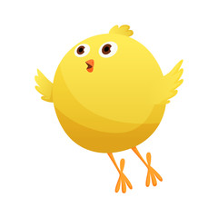 Cute little cartoon chick try to fly isolated on a white background. Funny yellow chicken. Vector illustration of little chicken for children