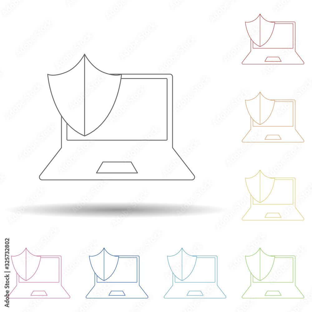 Aufkleber laptop under protection in multi color style icon. simple thin line, outline vector of virus antivir