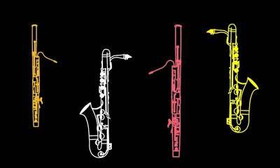 Outline saxophone and bassoon ensemble, musical instruments contour on a black background