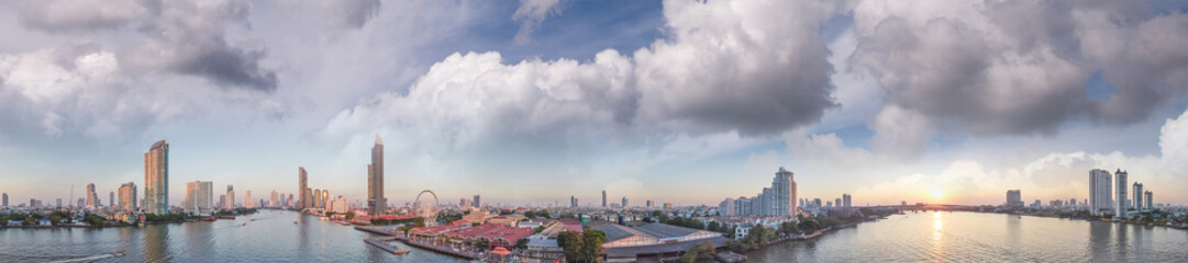 Panoramic aerial view of Bangkok at sunset from Asiatique Riverfront, Thailand