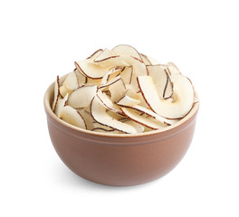 Tasty coconut chips in bowl isolated on white